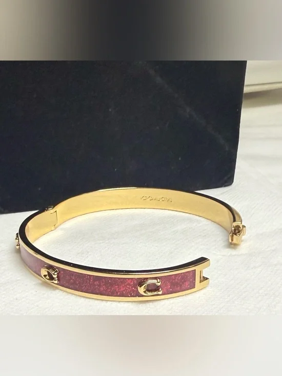 LOWSTART Coach Gold-Tone Red Glitter C Accent Bangle Bracelet w/Dustbag - Picture 6 of 16